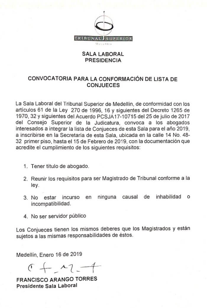 convocatoria conjueces sala laboral 2019