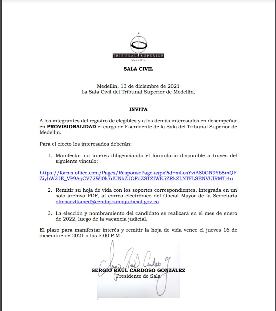 CONVOCATORIA ESCRIBIENTE SALA CIVIL